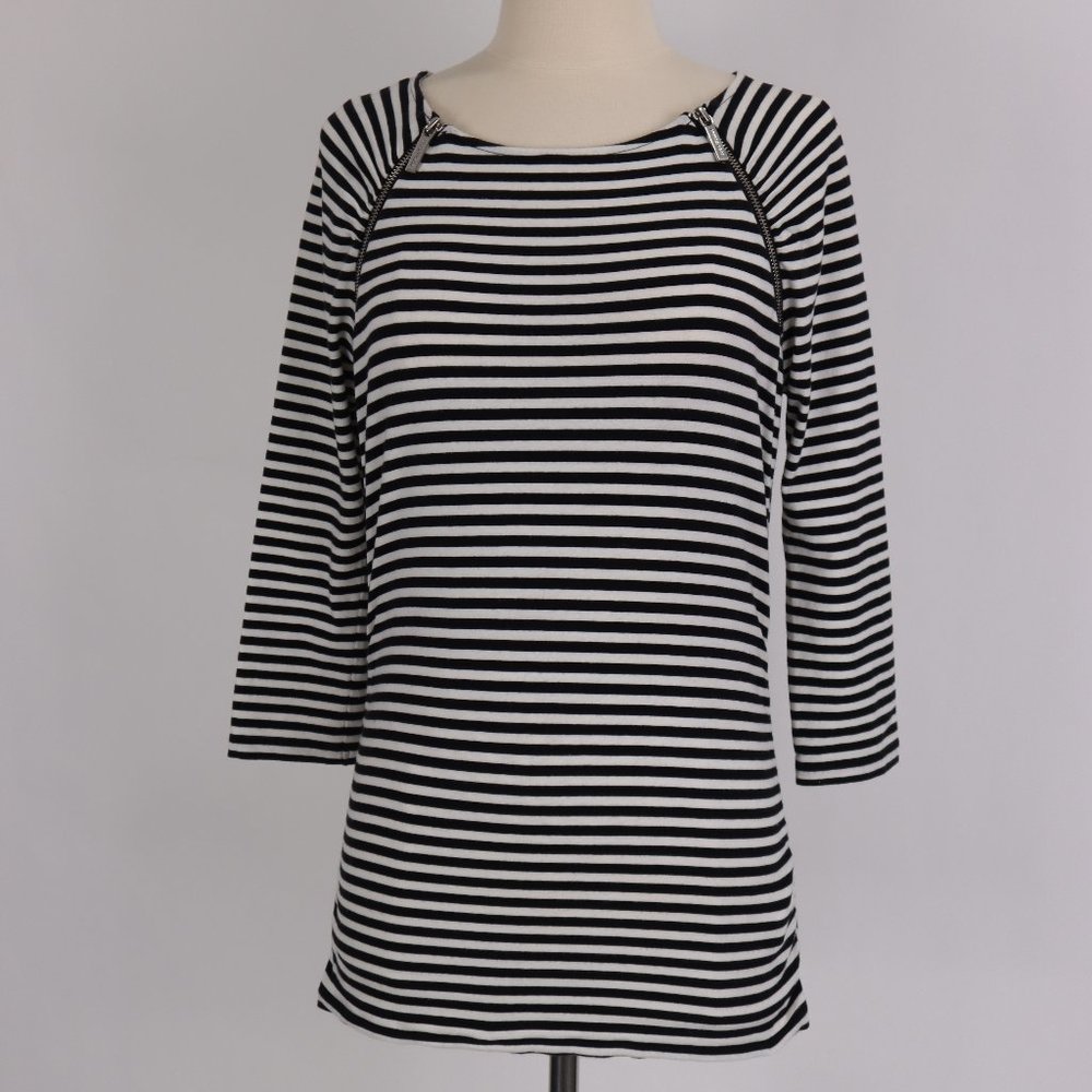 Michael Kors NWOT White Black Strip Zipper Neckline Nautical Shirt Blouse Top M